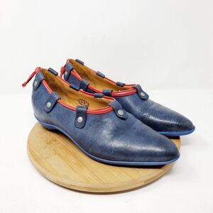 John Fluevog Vigor Shoes Womens 7.5 Slip On Blue Red Power Up Stud Lacing Flats